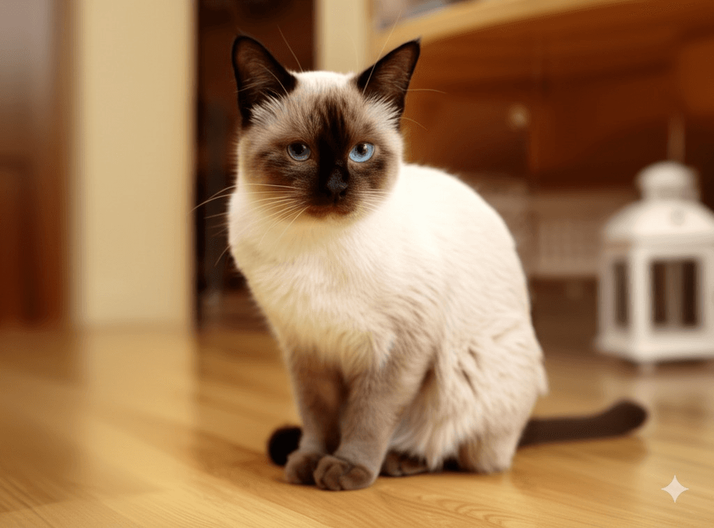 Traditional Applehead Siamese cat with round head