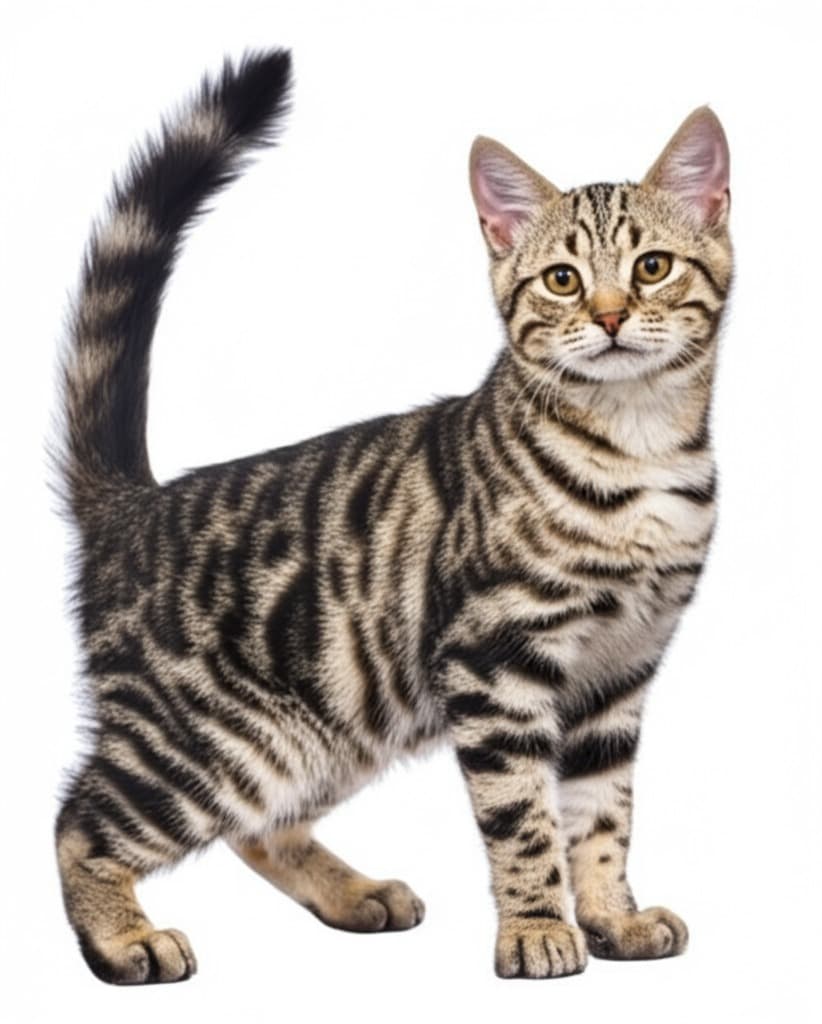 An American Bobtail cat showing its characteristic short tail and muscular build
