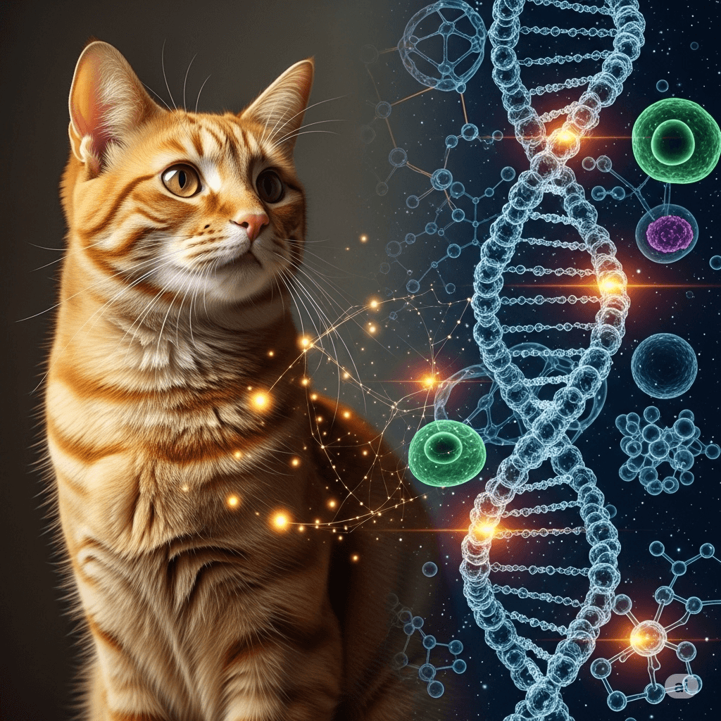 A split image showing an orange tabby cat and abstract scientific imagery like a DNA helix, representing the genetic discovery.