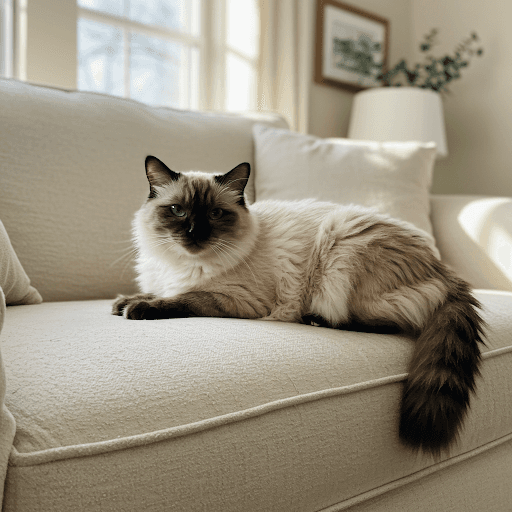 Seal Point Ragdoll cat relaxing in a comfortable home environment