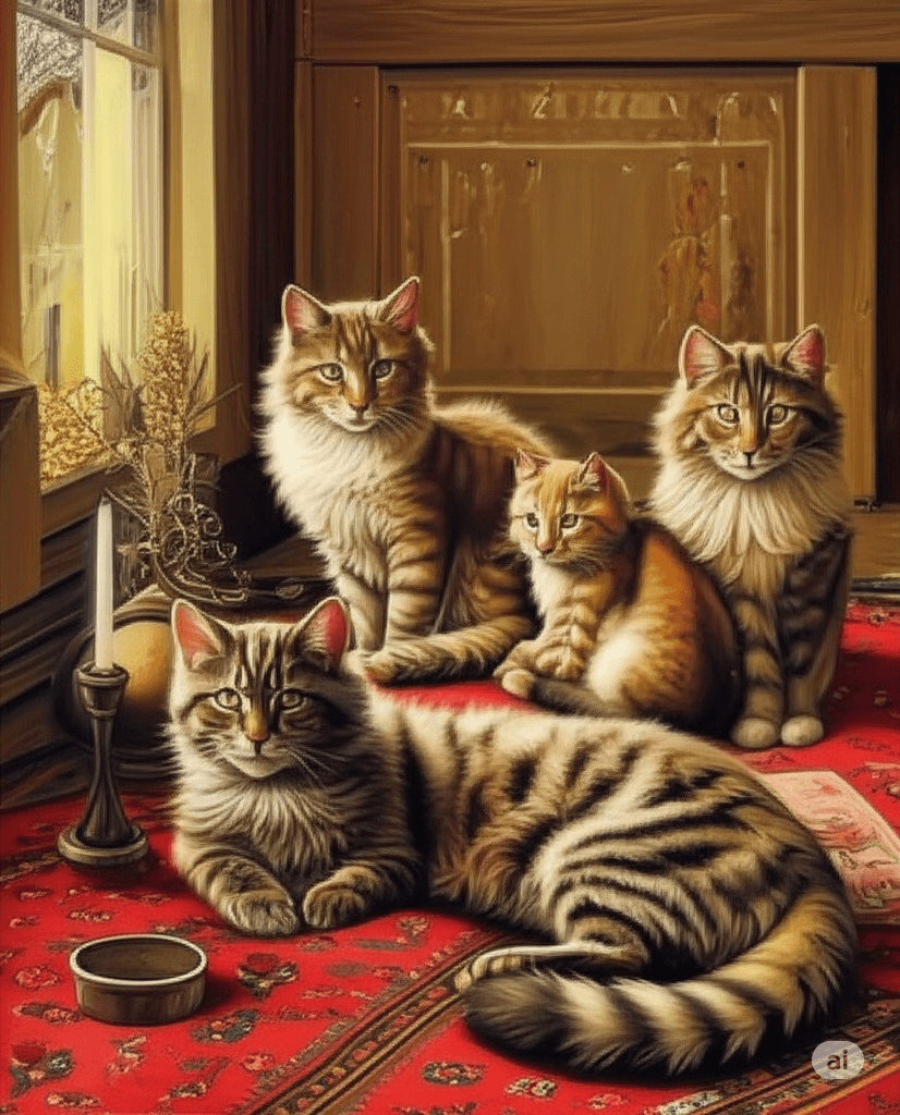 Artistic representation of early long-haired Russian cats in a traditional Russian setting.