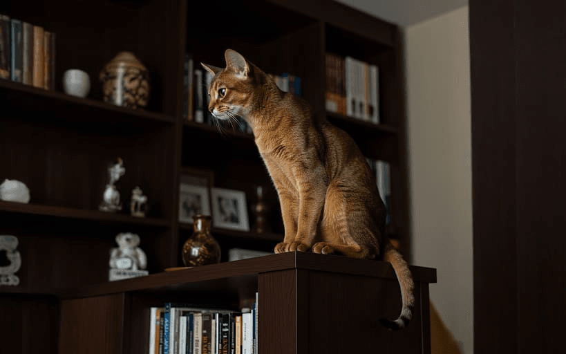 An elegant Abyssinian cat perched on a high shelf, looking alert and observant.