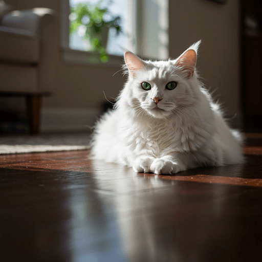 Elegant White Maine Coon Cat lounging indoors